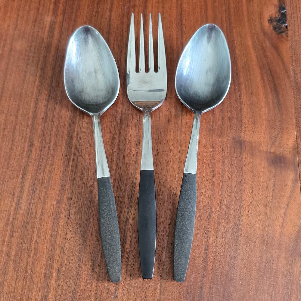 Vintage Kingston Stainless Serving Meat Fork Spoons Japan Flatware Black Canoe